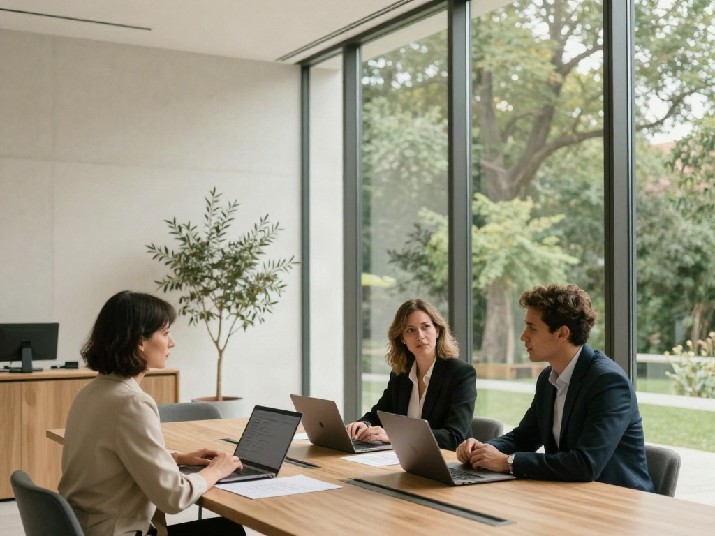 Consulting team discussing business strategy in a bright, contemporary office